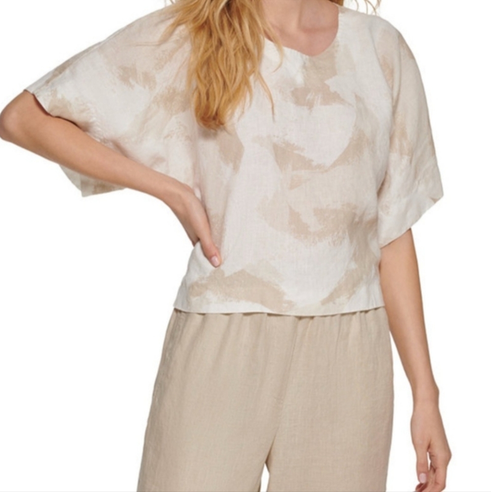 DKNY Pure White Cream Abstract Art Dolman Style Sleeve Crop Top L